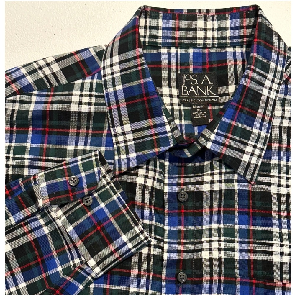 JOS A BANK Classic Collection Tailored Fit Mens XL Plaid Button Down‎ Shirt Blue